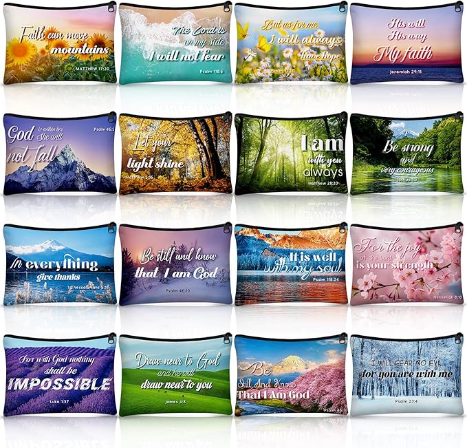 Pinkunn 16 Pcs Valentines Canvas Makeup Bags Bulk Inspirational Christian Women Religious Galentine Gifts Inspirational Bible Verse Pencil Pouch Makeup Bags with Zipper for Travel(Landscape)