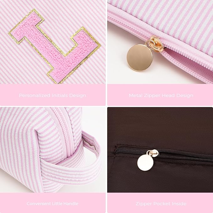 Btffitting Dance Recital Gifts for Girls - Cosmetic Bag for Teen,Initial Cute Makeup Bag Set for Women,Trendy Pouch for Niece Sister Friend Female Her,Birthday Gifts for Daughter - Pink,L
