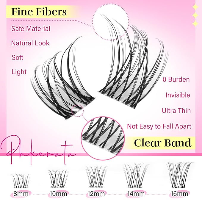 PHKERATA Natural Lash Clusters Invisible Band Eyelash Clusters Wispy Lashes Clusters 120 pcs C Curvature Cluster Eyelash Extensions DIY Thin Clear Band Individual Lashes at Home, 8-16mm