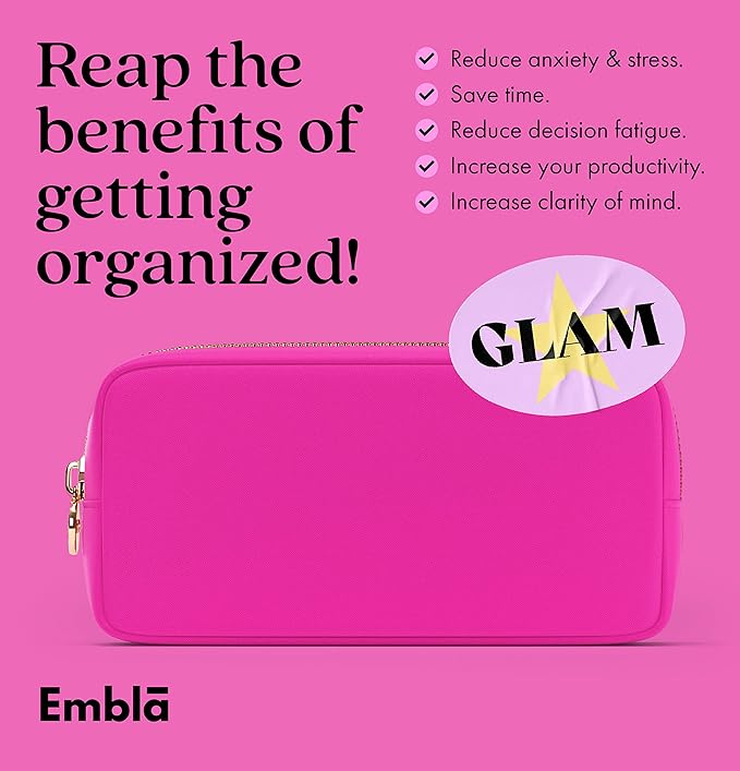 Embla Makeup Bag Travel Cosmetics Pouch and Toiletry Bag, Nylon Zipper Pouch Purse, Cute Make Up Organizer Storage Tote for Women Girls, Waterproof Travel Skincare Case, Small Makeup Bags, Fuchsia