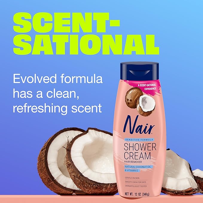 Nair Sensitive Formula Shower Cream, Quick and Easy Hair Removal Cream with Coconut Oil and Vitamin E for Body, 12 oz  