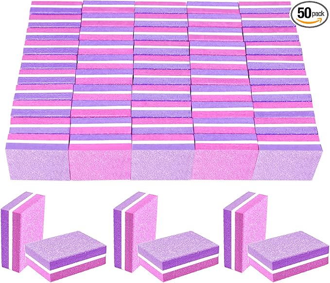 50 Pcs Sponge Nail Buffers,100/180 Grit Mini Nail Files,Mini Buffer Block Nail File for Acrylic & Natural Nails,Double-Sided Buffing Blocks for Manicure & Pedicure,Salon & Home Use(Pink-Purple)