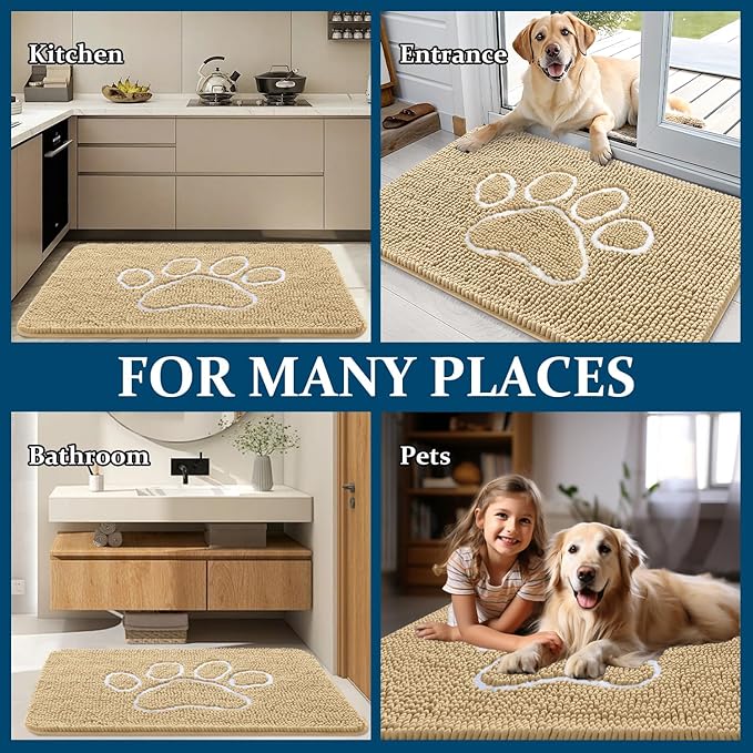 OLANLY Dog Door Mat for Muddy Paws 40x24, Paw Print Design, Absorbs Moisture and Dirt, Absorbent Non-Slip Washable Doormat, Quick Dry Chenille Mud Mat for Dogs, Entry Indoor Entryway Carpet, Beige