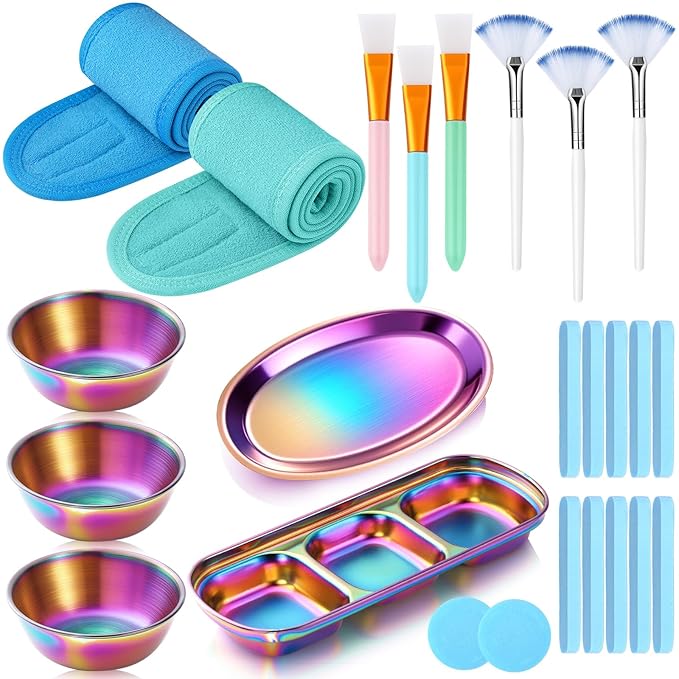 LemonRoad 25 Pcs Esthetician Facial Supplies Set, 3 Stainless Steel Mixing Bowls, 2 Serving Trays, 6 Brushes, 2 Hairbands, 12 Compressed Sponges for Women Facial Mask Spa Home Use(Laser Color)