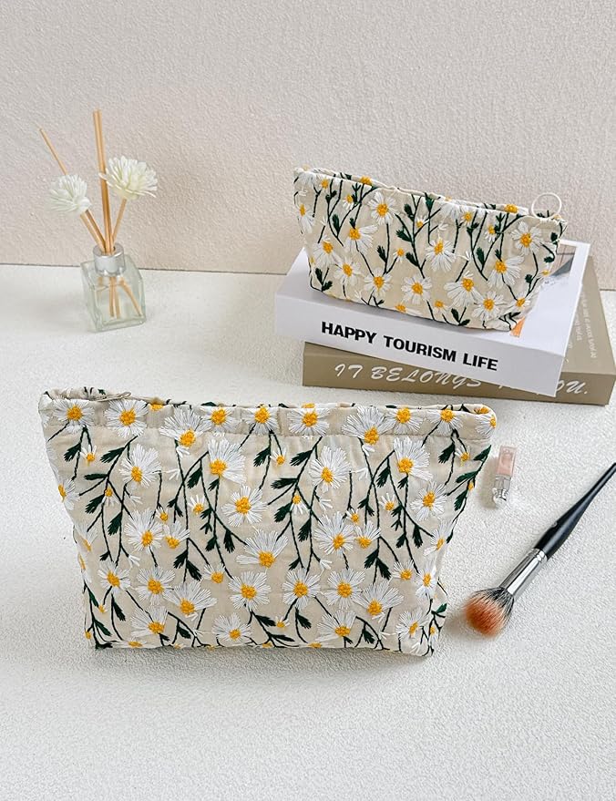 2 Pcs Makeup Bags, Large Cosmetic Bag Travel Toiletry Bag Organizer for Women, Embroidery Craft, Floral Makeup Bag Small Cosmetic Pouch Purse with Zipper Gifts for Girls Teen