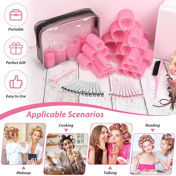 65 PCS Hair Curler Rollers with 5 Sizes Self Grip Hair Rollers for Long Medium Short Thick Fine Thin Bangs Volume Hair, Jumbo Curlers Rollers with Storage Bag Teasing Brush