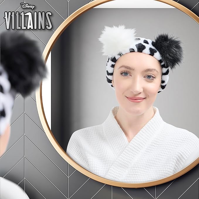 Disney Spa Headband, Soft, Plush, Adjustable, and Fun Hair Accessory for Skincare and Makeup Routines, Cruella by Belle Maison