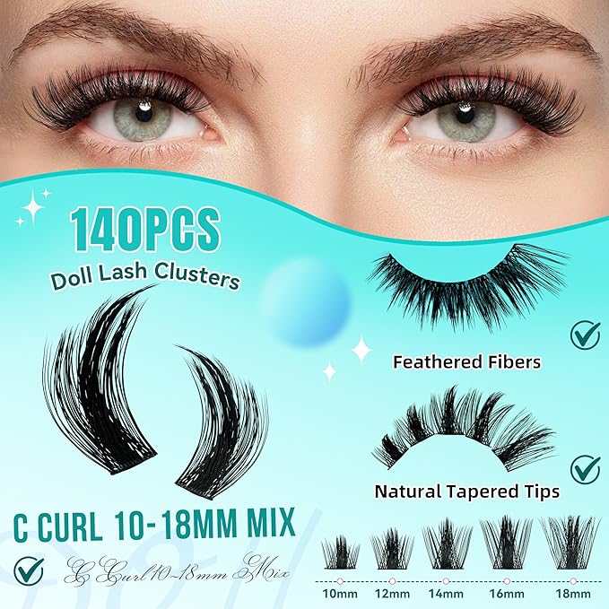 Manga Lash Clusters Kit 168pcs C Curl Fairy Eyelash Extension with Individual Lashes Bond and Seal Waterproof,Eyelashes Glue Remover,Lash Applicator for Volume Anime Lashes Cluster(Doll,C-10-18mm Kit)