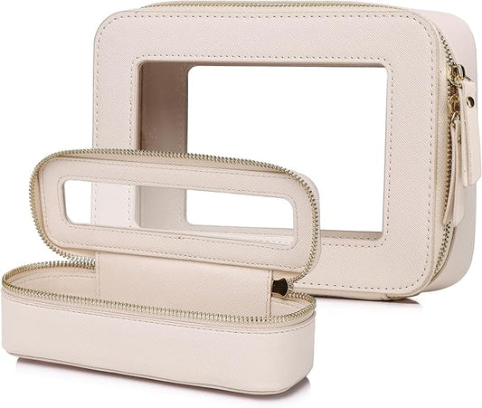 Clear Travel Makeup Bag with Brush Case Portable Transparent Cosmetic Bag and Toiletry Bag Waterproof Makeup Organizer with Zipper Car Essential for Women (Beige, M+Slim)