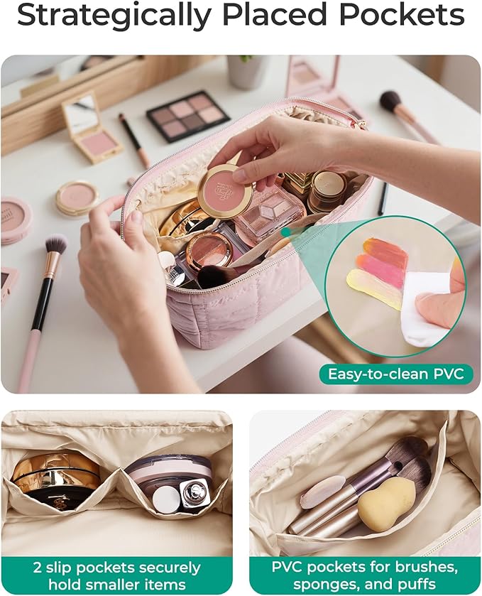 BAGSMART Makeup Bag Travel Toiletry Bag, Puffy Padded Make Up Bags for Women Makeup Organizer Case, Wide-open Pouch Purse Travel Essentials Toiletries Accessories Brushes, Strip Khaki Brown