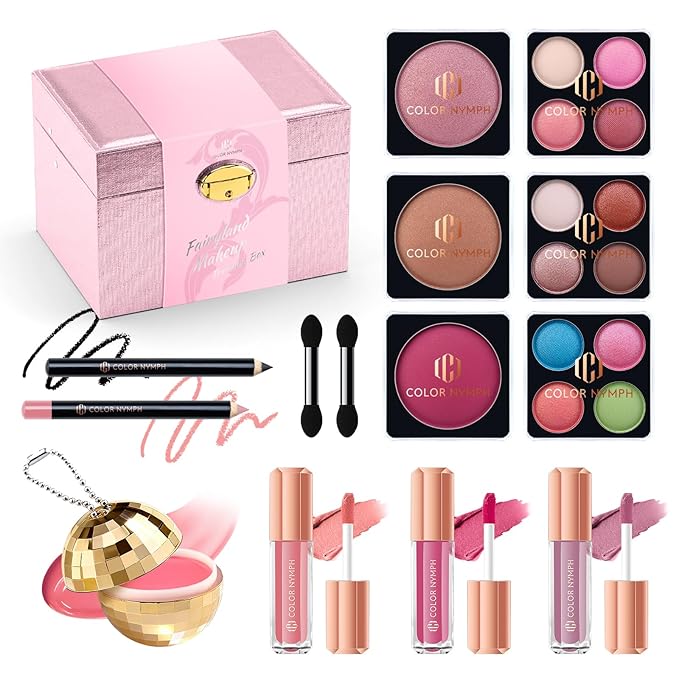 Color Nymph Girls Makeup Kit For Teen Girls with Storage Box, All In One Girl Makeup Sets for Women Full Kit with Eye shadow Blush Contour Highlighter Lipgloss Lipliner Eyeliner Lip Balm and Mirror