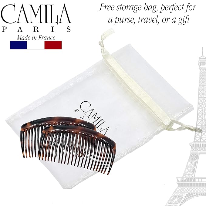 Camila Paris French Side Combs Large 3 Colors Each Curved French Twist Hair Combs Decorative, Strong Hold Hair Clips for Women Bun Chignon Up-Do, No Slip Styling Girls Hair Accessories, Made in France
