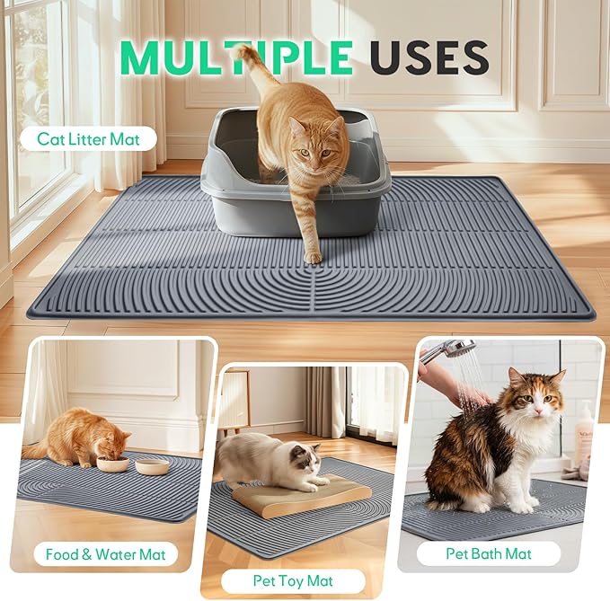 Cat Litter Mat,34" x 22" Large Silicone Pad for Floor Waterproof Litter Trapping Mat for Scatter Control Soft on Kitty Paws Non-Slip Easy to Clean