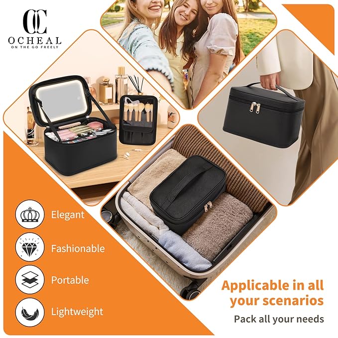 OCHEAL Makeup Bag With LED Mirror, Travel Makeup Bag With 3 Color Setting Light Up Mirror Cosmetic Organizer Vanity Case for Women Beauty Tools Accessories Rechargeable Makeup Travel Bag-Black