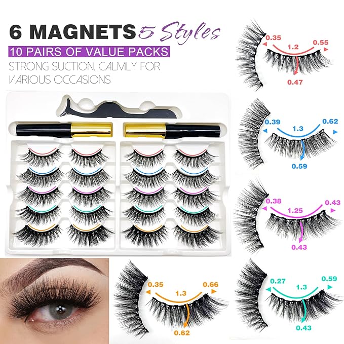 Royaomis 10 Pairs Cat-Eye Magnetic Eyelashes with Applicator Natural Look, 3D Magnetic Lashes With Eyeliner, Fake Eyelashes Magnetic, Eye Lashes Pack Natural Magnetic Eyelashes(New）