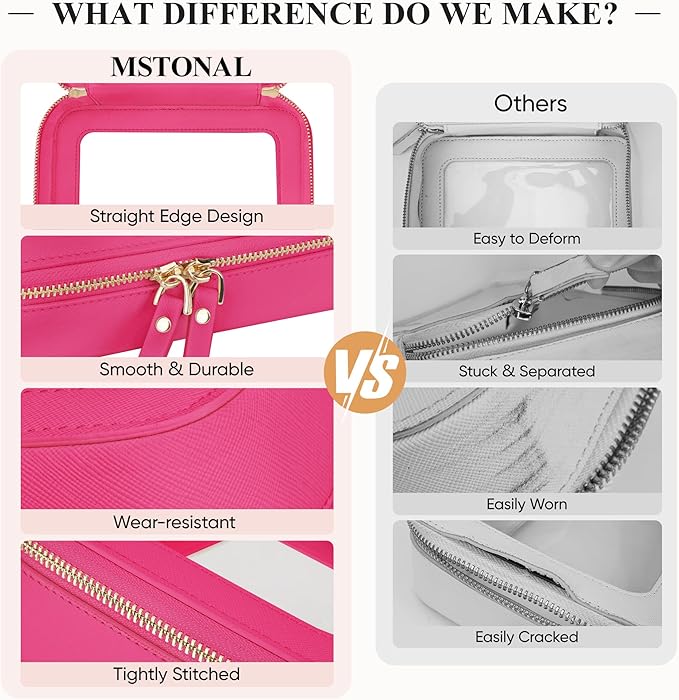 Clear Makeup Bag, Travel Toiletry Bag Cosmetic Case for Women, Waterproof Portable Make Up Skincare Pouch with Zipper, Compact Car Organizer Bag for Essentials, Mini & Medium, Hot Pink