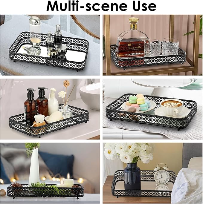 ELLDOO Black Perfume & Makeup Vanity Tray - Hollow-Carved Jewelry Storage, Glass & Metal Trinket Organizer for Dresser & Bathroom Countertop, Large Size