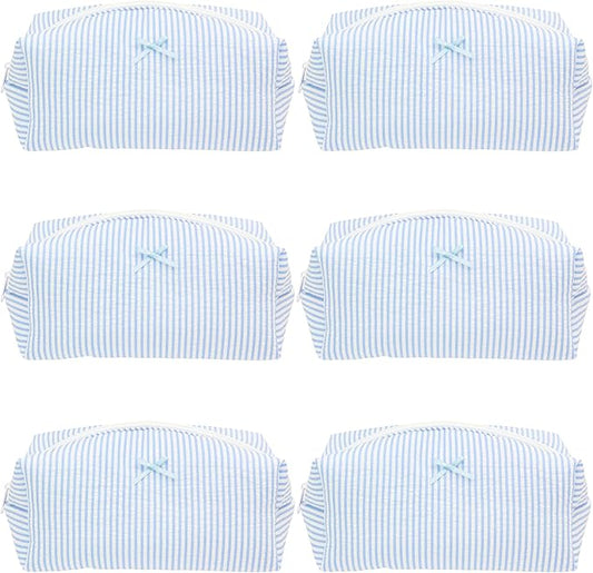 PAZIMIIK 6PCS Cozy Makeup Bag SET Travel Cosmetic Bag for Women Soft Toiletry Bag Aesthetic Makeup Organizer Portable Large Zipper Pouch for Skincare Beauty Accessories Brushes Stripe Blue