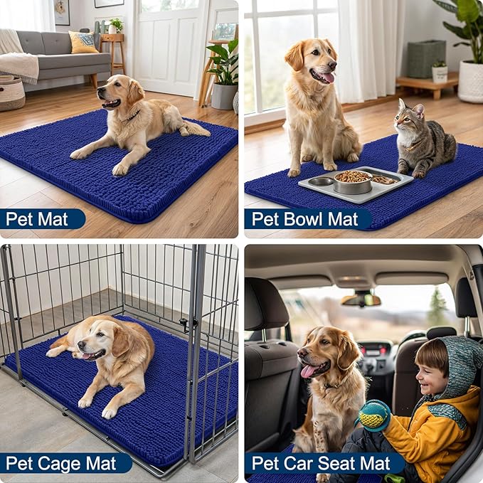 Smiry Dog Door Mat for Muddy Paws 47x24, Absorbs Moisture and Dirt Doormat, Non-Slip Washable Quick Dry Chenille Front Door Mat Indoor Entrance, Entryway Carpet for Inside Floor, Navy Blue