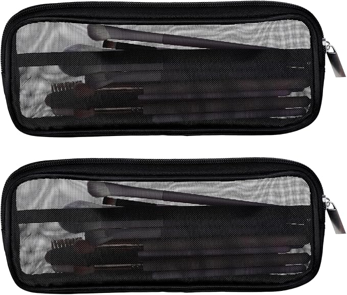 8.3 X 4 Inch 2 PCS Mesh Makeup Brush Bag Clear Travel Makeup Brush Holder Portable Mesh Travel Toiletry Bag with Zipper, Transparent Makeup Brush Storage Bag Cosmetics Brushes Organizer (Black)