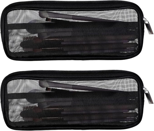 8.3 X 4 Inch 2 PCS Mesh Makeup Brush Bag Clear Travel Makeup Brush Holder Portable Mesh Travel Toiletry Bag with Zipper, Transparent Makeup Brush Storage Bag Cosmetics Brushes Organizer (Black)
