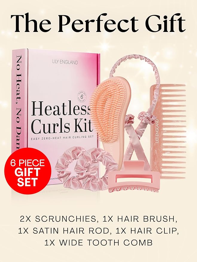 Lily England Heatless Hair Curlers to Sleep In - No Heat Curling Gift Set Includes Satin Headband, Hair Clip, Comb & 2 Scrunchies - Sleek & Smooth Overnight Curls (Peach, 6 Pack)