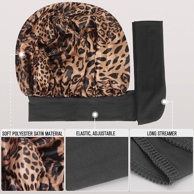 Arqumi 2 Pcs Cheetah-Print Satin Silk Bonnet for Sleeping Women with Long Strap Tie Band, Large Adjustable Cute Sleep Night Cap Hair Bonnet for Men Short Hair, Black+Leopard