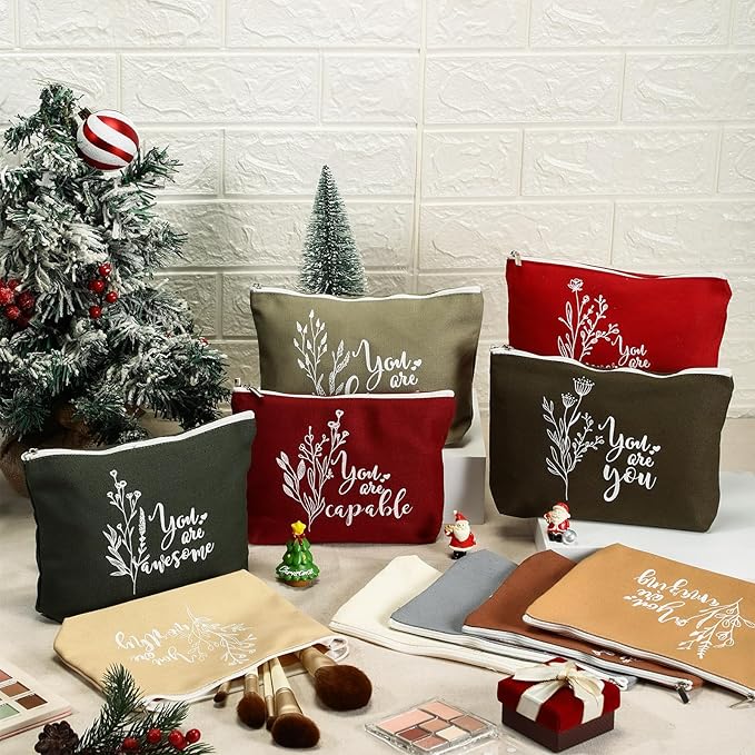 Coume 10 Pcs Valentines Canvas Makeup Bags Bulk, Inspirational Quotes Cosmetic Zipper Encouragement Travel Pouch Toiletry Bag Women Teacher Friend Birthday Gift(Joyous Color,Aesthetic)