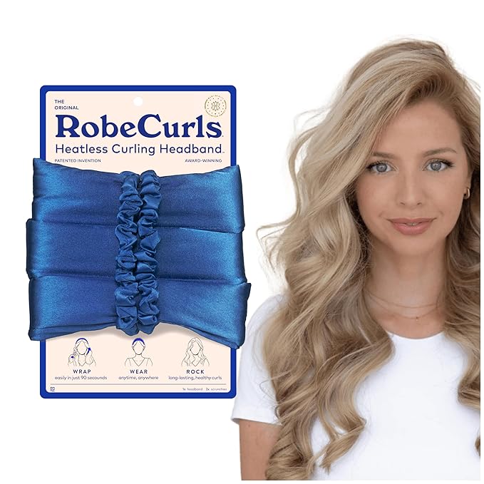 RobeCurls Original Heatless Hair Curler Set with 2 Scrunchies - Patented Satin Curling Headband with Wire Hold for Heatless Curls Overnight - Gentle Hair Curlers to Sleep In for Women & Kids, Cobalt