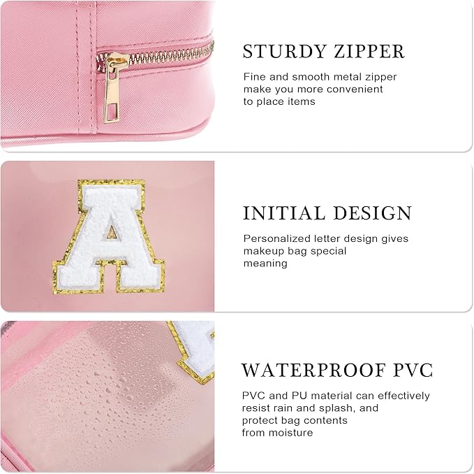 YOOLIFE Valentines Gifts for Teenage Girls Teacher Gifts Initial Clear Makeup Bag Birthday Gift Travel Toiletry Cosmetic Bags Birthday Gift Travel Essentials Pink A