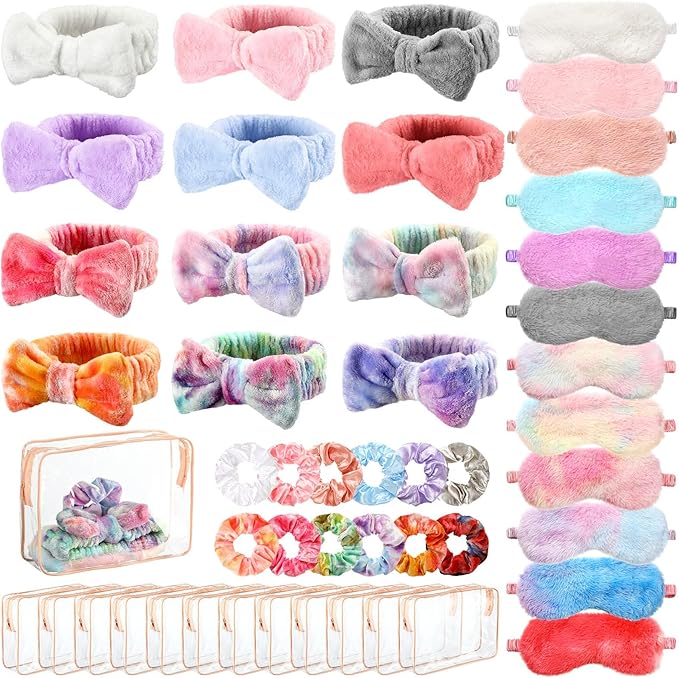 Kajaia 48 Pcs Sleepover Party Supplies for Girls Spa Part Favor Slumber Party Supplies for Women Headband Eye Mask Hair Scrunchies Toiletry Bag