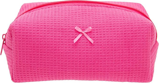 PAZIMIIK Cozy Makeup Bag Travel Cosmetic Bag for Women Soft Toiletry Bag Aesthetic Makeup Organizer Portable Large Zipper Pouch for Skincare Beauty Accessories Brushes Waffle Hotpink