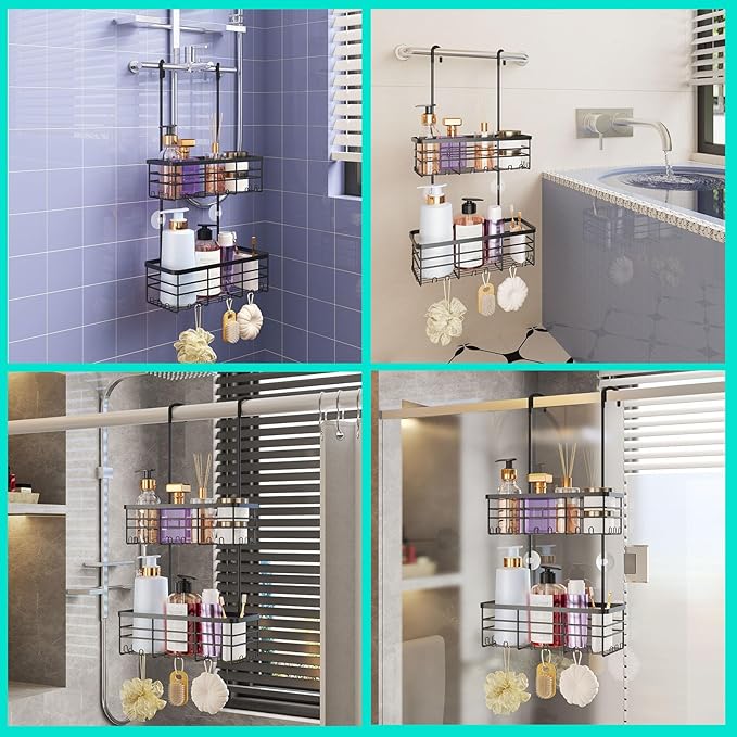HapiRm Hanging Shower Caddy Organizer - No Drilling Shower Organizer with Hooks, Rustproof & Waterproof 304 Stainless Steel Bathroom Shelves - Black
