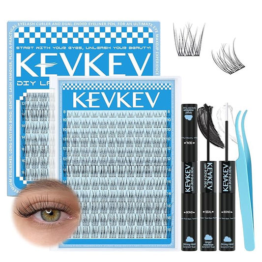KEVKEV Wispy Lash Clusters Kit Invisible Thin Band Natural Eyelash Clusters 8-16mm Lash Extension Kit Mix Length Natural Look Cluster Eyelash Extensions With Lash Bond Lash Tweezers DIY Lash At Home