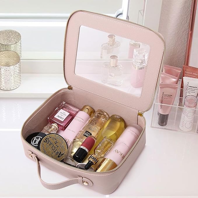 Travel Makeup Bag with Brush Case Portable Transparent Cosmetic Bag and Toiletry Bag Waterproof Makeup Organizer with Zipper Car Essential for Women (Pink, L+Slim)