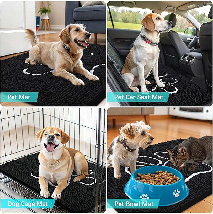 OLANLY Dog Door Mat for Muddy Paws 54x32, Paw Print Design, Absorbs Moisture and Dirt, Absorbent Non-Slip Washable Doormat, Quick Dry Chenille Mud Mat for Dogs, Entry Indoor Entryway Carpet, Black