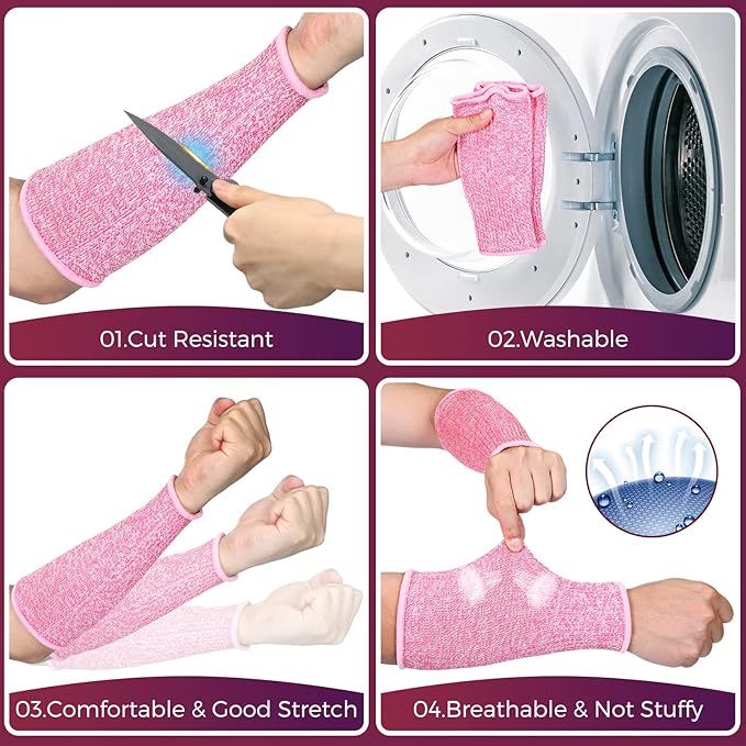 2 Pairs Cut Resistant Sleeve Arm Protection Level 5 Protection Safety Protective Sleeves Arm Protectors for Men Women(8.6 x 3.7 Inches,Gray, Pink)