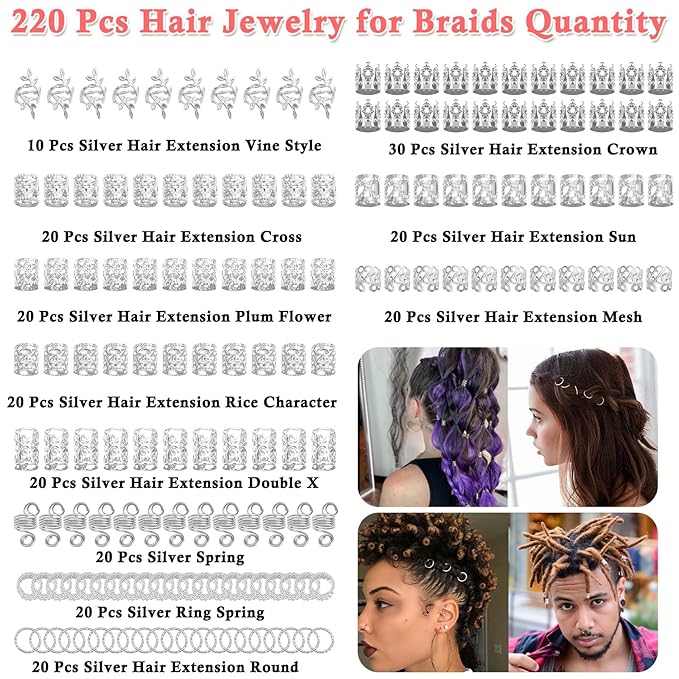 Lucomb 220 Pcs Silver Hair Jewelry for Braids, Loc Jewelry for Hairs Dreadlock, Hairs Charms for Women, Metal Braid Rings Cuffs Clips for Dreadlock Accessories Hair Braids Accessories Decorations