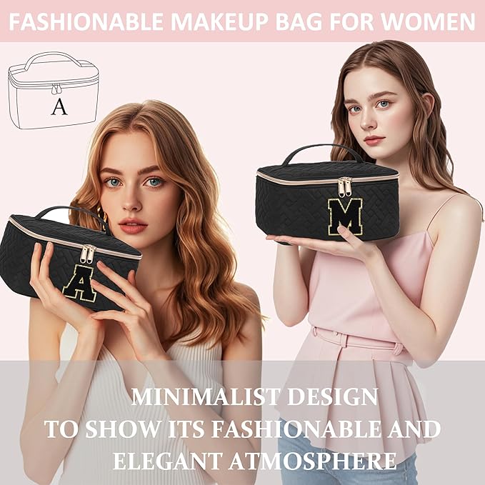 Gifts Initial Makeup Organizer Bag for Girls, Chenille Letter Personalized Cosmetic Bag with Zipper | Preppy Quilted Portable Makeup Pouch Teen Birthday Gifts (T, Balck)
