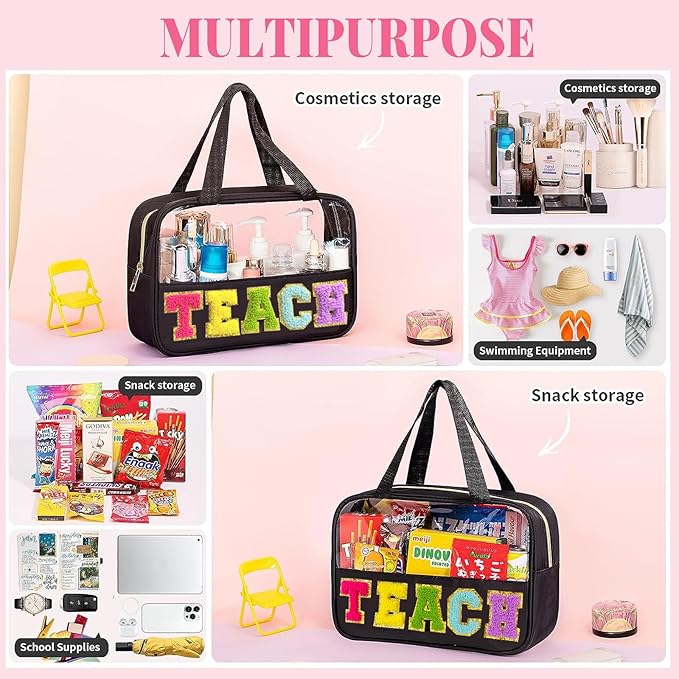 Teacher Appreciation Gifts, Chenille Letter Teacher Tote Bag with Handle and Zipper, Waterproof Nylon Portable Makeup Toiletry Bag