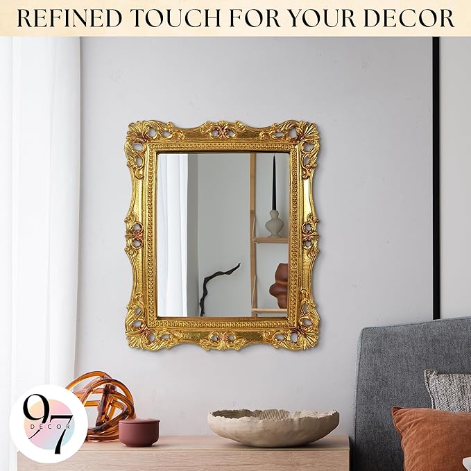 97 Decor Antique Gold Wall Mirror Vintage Decor - Square Gold Decorative Mirror for Table Top and Wall Mounting, Vintage Mirrors Frame for Home, Bedroom, Makeup Room (11x9.5 Inch)