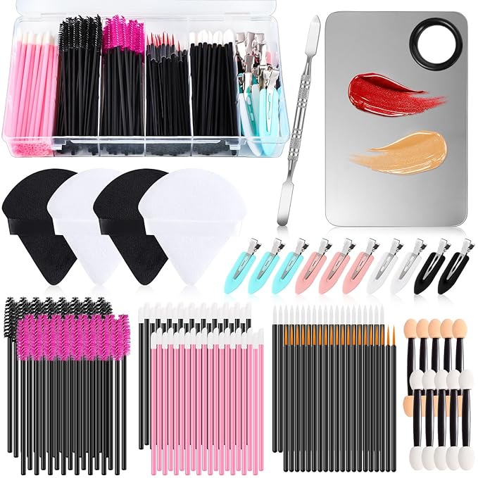 Disposable Makeup Applicators Tools Kit, 100 Mascara Wands 100 Lipstick Applicators 50 Disposable Eyeliner Brushes 10 Eye Shadow Brush with Organizer Box Galentines Valentines Day Gifts