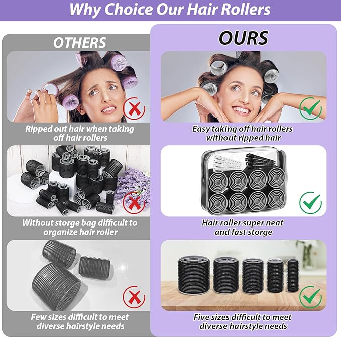 65 PCS Hair Curler Rollers with 5 Sizes Self Grip Hair Rollers for Long Medium Short Thick Fine Thin Hair Bangs Volume, Jumbo Curlers Rollers with Storage Bag Teasing Brush