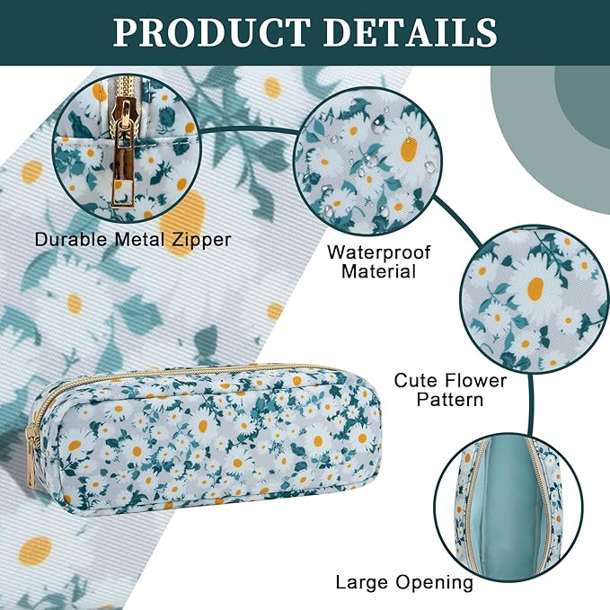 Nylon Floral Small Makeup Bag Slim Pouch, Cute Preppy Makeup Brush Bag Portable Make up Pouch with Zipper, Waterproof Travel Toiletry Bag Coin Purse Storage Organizer for Women Girls(Green Daisy)