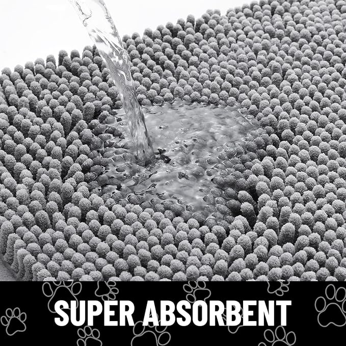 Smiry Dog Door Mat for Muddy Paws, Absorbent Dirt Trapper Non Slip Quick Dry Washable Chenille Mat for Mud Dogs, Entry Rug for Indoor and Outdoor (44x32 Inches, Grey and Black)
