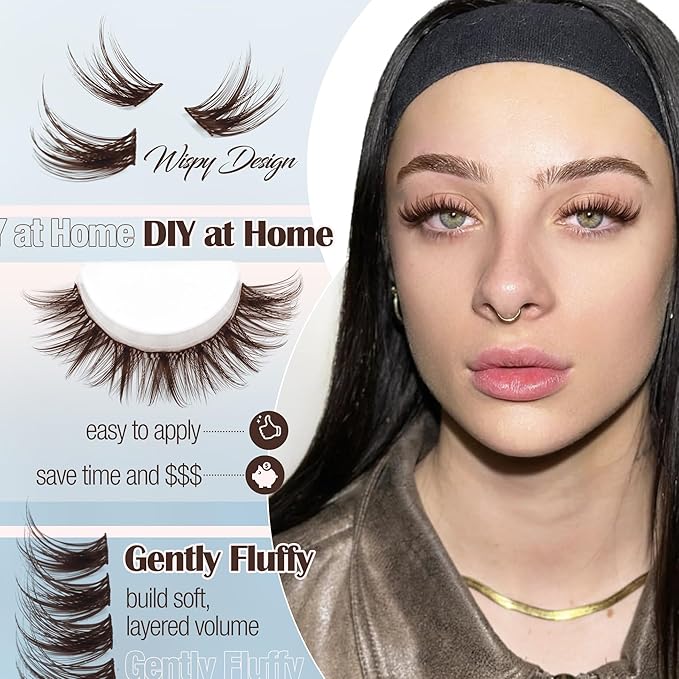 Brown Lash Clusters Kit Fairy Eyelash Clusters Natural Lash Extensions Kit Wispy Cluster Eyelash Extensions 3D Dark Brown Individual Eyelashes with Lash Bond and Seal, Tweezers CC-Curly 8-16MM 144PCS