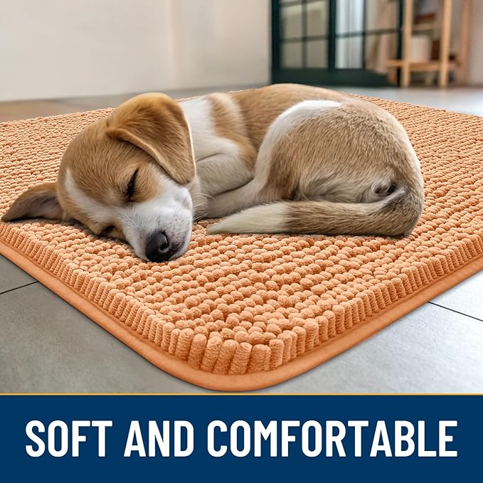 Smiry Dog Door Mat for Muddy Paws 47x24, Absorbs Moisture and Dirt Doormat, Non-Slip Washable Quick Dry Chenille Front Door Mat Indoor Entrance, Entryway Carpet for Inside Floor, Orange