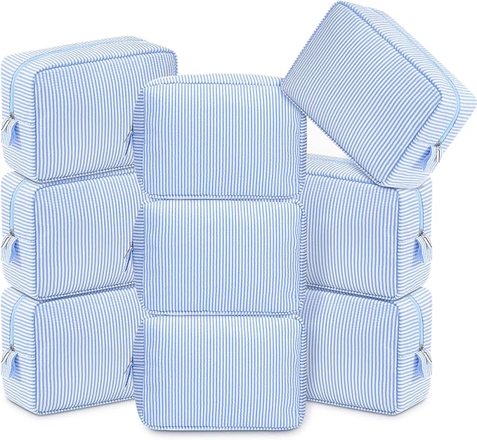 Sanwuta 9 Seersucker Cosmetic Bag Bulk Pinstripe Makeup Bag for Women Aesthetic Cute Travel Toiletry Organizer Preppy Storage Pouch for Wedding Bridesmaid Christmas Gift (Large,Blue)