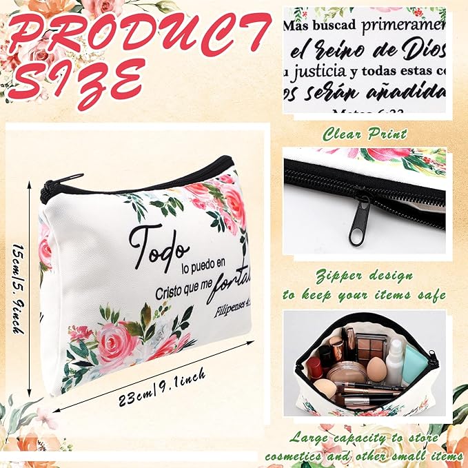 Pinkunn 16 Pcs Valentines Canvas Makeup Bags Bulk Inspirational Christian Women Religious Galentine Gifts Inspirational Bible Verse Pencil Pouch Makeup Bags with Zipper for Travel(Spanish Floral)