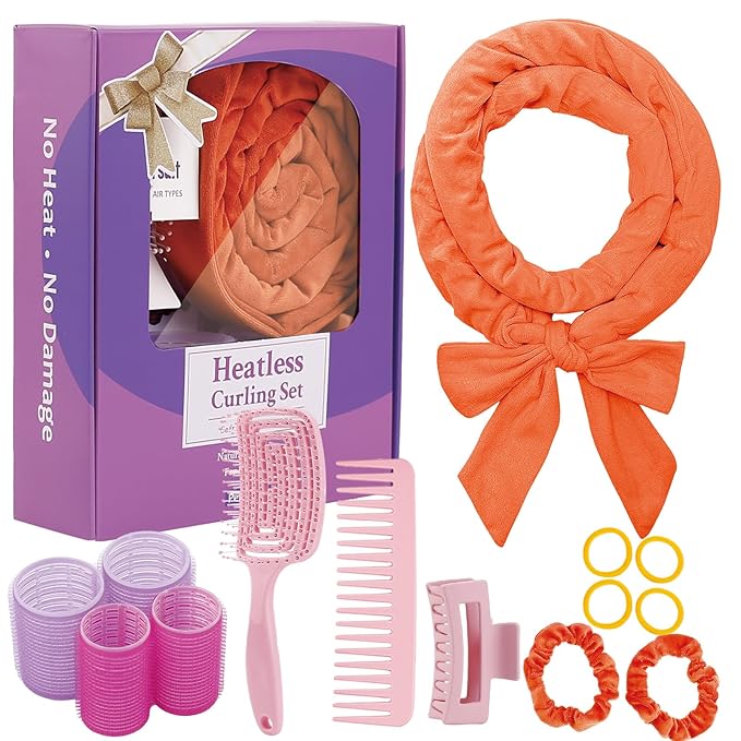 Heatless Curls Overnight, 70" Velvet Hair Curlers for Long Hair, No Heat Hair Rollers - Orange